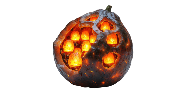 Glowing carved pumpkin with honeycomb design isolated on transparent background