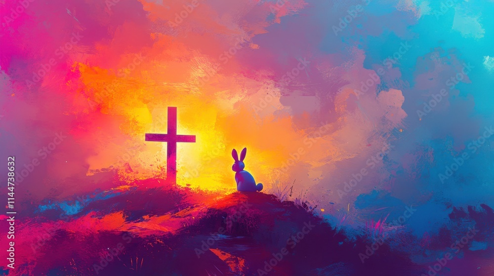 Poster an abstract easter-themed background featuring a bunny rabbit and a glowing cross, with space for te