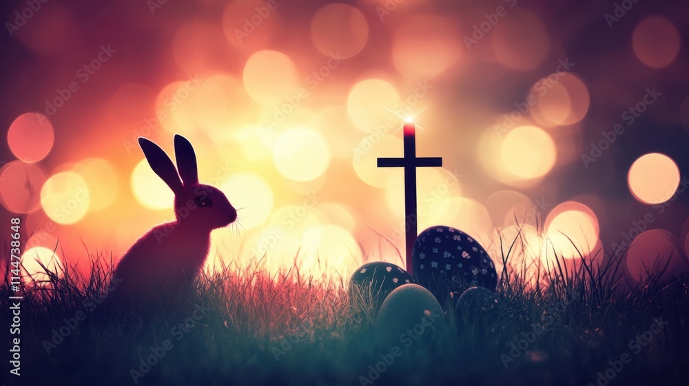 Poster an abstract easter-themed background featuring a bunny rabbit and a glowing cross, with space for te