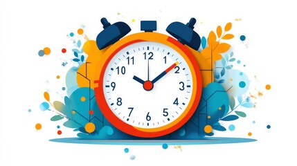 Colorful Alarm Clock Surrounded by Vibrant Leaves and Abstract Elements Illustrating the Concept of Time Management and Timeliness in a Modern Style