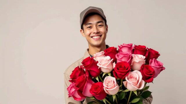 Courier standing holding a large bouquet of red and pink roses. The male courier smiles widely,looking at camera,  wearing a baseball cap and a courier jacket against a light background