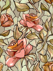 A seamless pattern featuring hand-drawn, painterly roses and leaves on a light blue background. The design has a stained glass effect with vibrant colors.