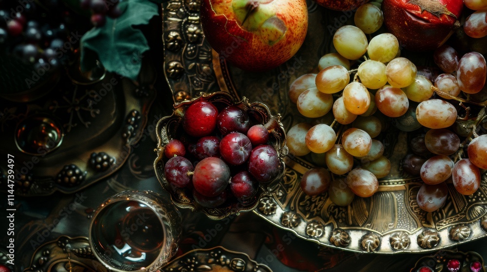 Poster close-up of grapes and apples in a rustic kitchen setting
