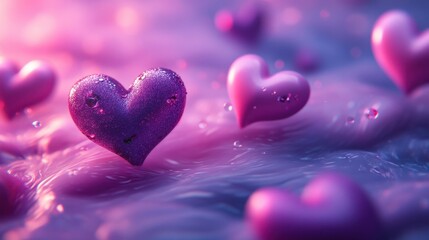 Fototapeta premium An abstract love-themed background with glowing hearts floating in a sea of swirling pink and purple gradients.