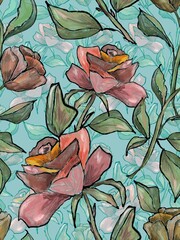 A seamless pattern featuring hand-drawn, painterly roses and leaves on a light blue background. The design has a stained glass effect with vibrant colors.
