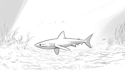 Fototapeta premium Outline of a small shark swimming in shallow, sunlit water with faint shadows on the seabed, emphasizing tranquility