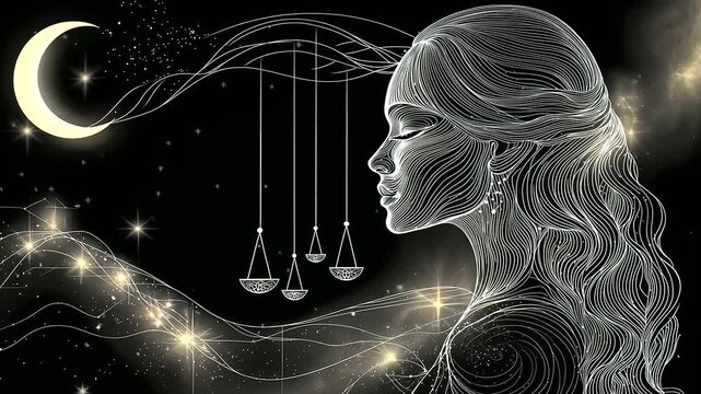 Graceful Woman Libra Line Drawing with Celestial Elements