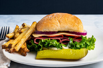 salami  , pepperoni sandwich  with fries