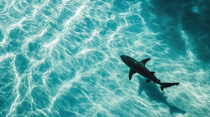 Fototapeta premium Overhead shot of a small shark's silhouette gliding in shallow, crystal-clear turquoise water, with sunlight ripples -