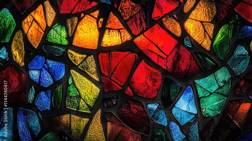Poster an enchanting abstract glass mosaic featuring bold multicolored tiles and glowing light transitions,