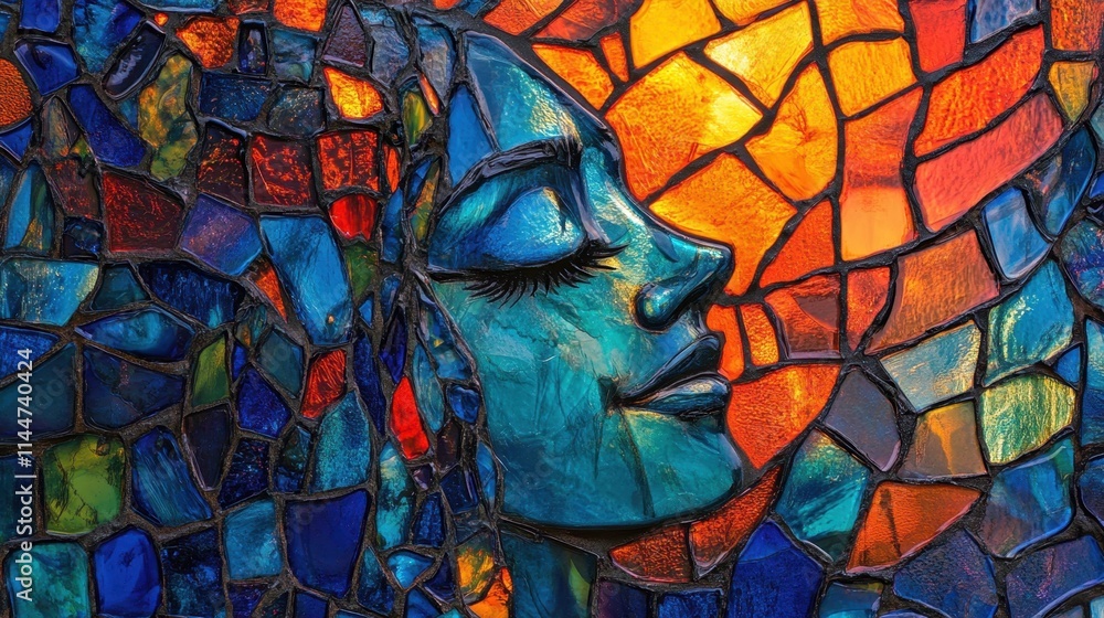 Poster an enchanting abstract glass mosaic featuring bold multicolored tiles and glowing light transitions,
