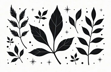 Black silhouette of leafy branches with flat shapes and shadows on a white background. Simple monochrome botanical illustration. Minimalist design with elegance.