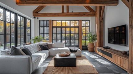 Fototapeta premium Modern living room with wooden beams and large windows showcasing autumn views