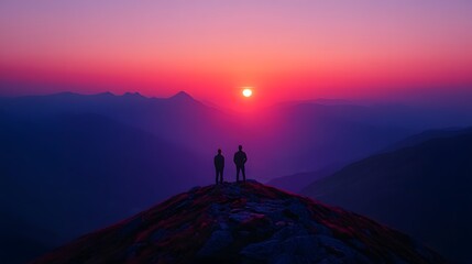 Two Silhouettes Witnessing A Majestic Mountain Sunset
