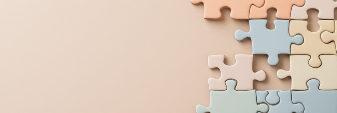 Neatly arranged colorful jigsaw puzzle pieces on a neutral background, reflecting creativity, problem-solving, and the interconnectedness of individual parts.