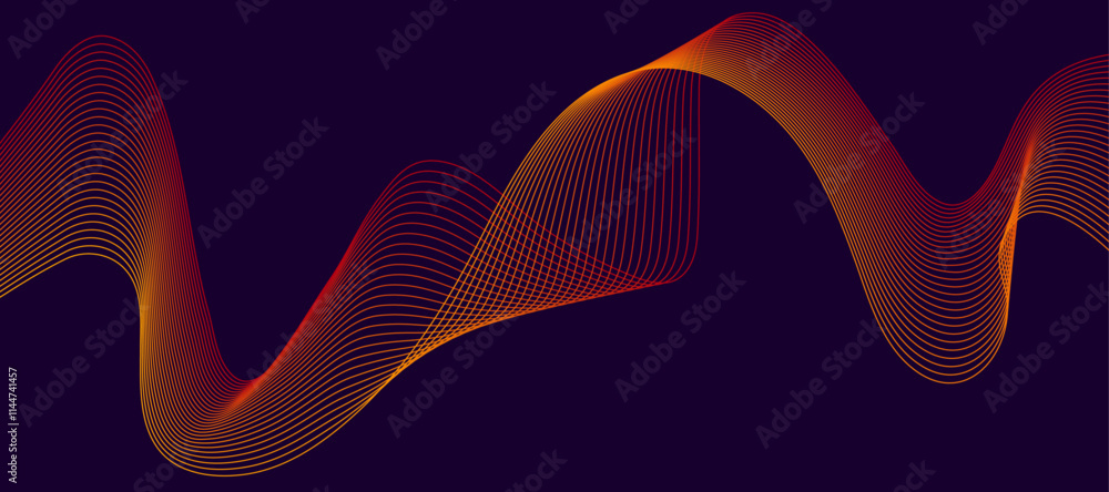 Poster dark background purple red yellow wave lines. flowing waves design abstract digital equalizer sound 