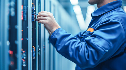Technician adjusting connections in server room, focused on work