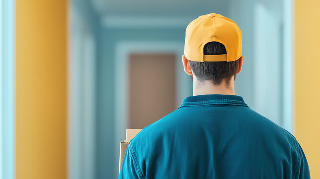 Delivery person with parcel in hallway, ready to ring doorbell