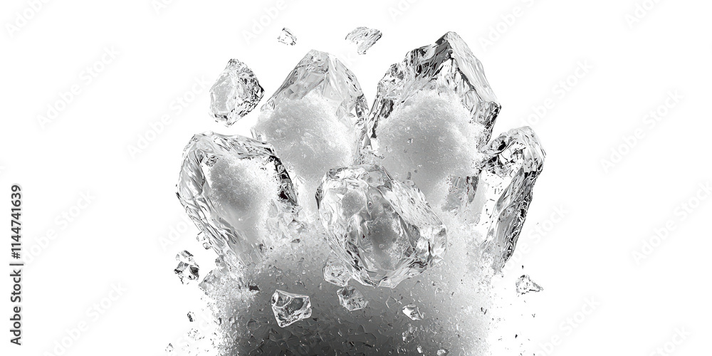 Poster ice cubes splashing on ground isolated on transparent background