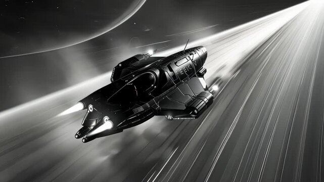 As it travels through the void the exploration vehicle leaves behind a faint trail of ionized particles marking its trail through the darkness.