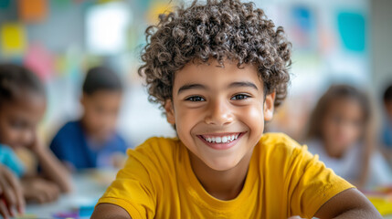 Brazilian children smiling happily inside a bright, colorful classroom