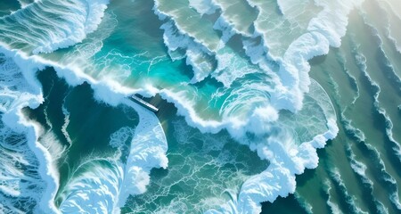 Overhead photo of crashing waves on the shoreline. Tropical beach surf. Abstract aerial ocean view High quality photo