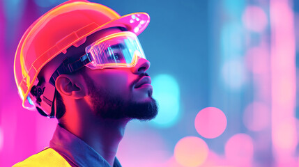 Male engineer in reflective vest and helmet, surveying with focus and determination