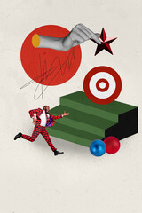 Vertical poster collage young businessman achieve goal aim target climb upstairs improvement 3d...