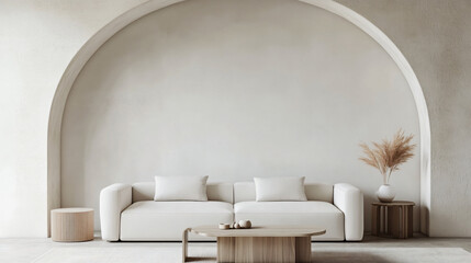 Fototapeta premium Stylish white sofa and coffee table with accent decor in a minimalist arch shaped room interior