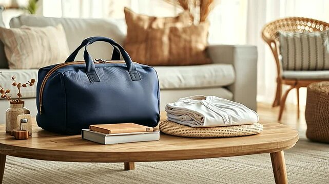 Inviting Living Room with Blue Duffle Bag and Baseball Jersey