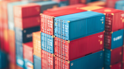 Fototapeta premium Stacked shipping containers in vibrant colors, showcasing global trade