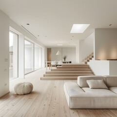 Salon minimaliste avec un canapé blanc, des marches en bois et un plafond lumineux.
