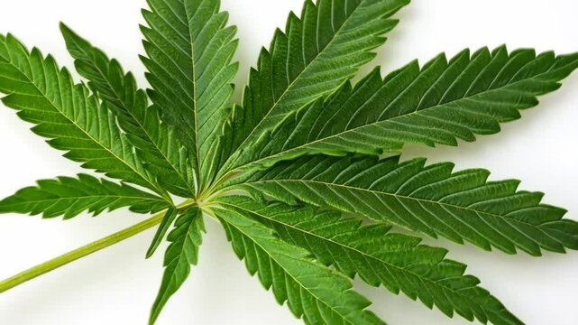 Cannabis leaf showcases vibrant green hues and distinctive serrated edges often associated with the plant