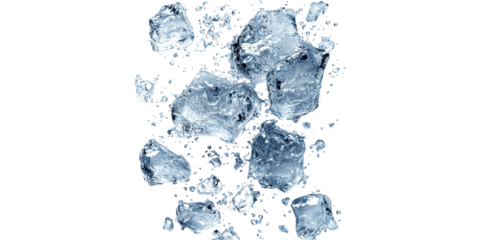 Floating ice cubes with water droplets isolated on transparent background