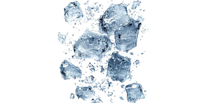 Floating ice cubes with water droplets isolated on transparent background