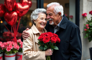 old gray-haired woman smiling happily and holding a bouquet of red roses, hugging an old gray-haired man on blurred background of a flower shop with heart-shaped red balloons, valentine's day
