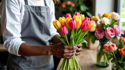 close-up of the hands of a dark-skinned florist in a grey apron holding a bouquet of tulips on a blurred background of a flower shop
