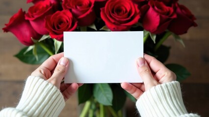 top down view of hands in a white sweater holding a white empty blank card on a blurred background with a bouquet of roses on a brown wooden background