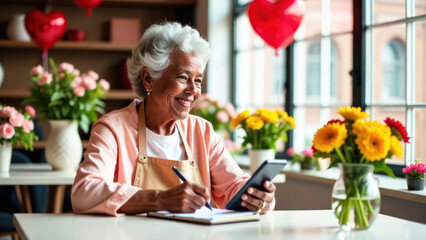 Portrait happy dark-skinned gray-haired elderly old woman sitting at the table, with a phone in her hand and a notepad, in the blurred background there is a flower shop, concept Valentine's Day 