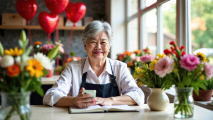 Portrait happy gray-haired elderly old Asian woman sitting at the table, with a phone in her hand and a notepad, in the blurred background there is a flower shop, concept Valentine's Day 