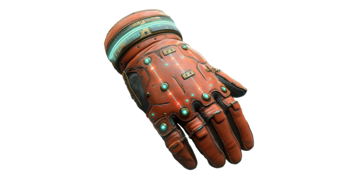 Futuristic red gadget glove with blue accents isolated on transparent background