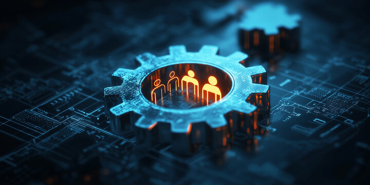  A glowing gear with people icons inside represents teamwork, collaboration, and functionality within a futuristic digital system on a dark technology-inspired background