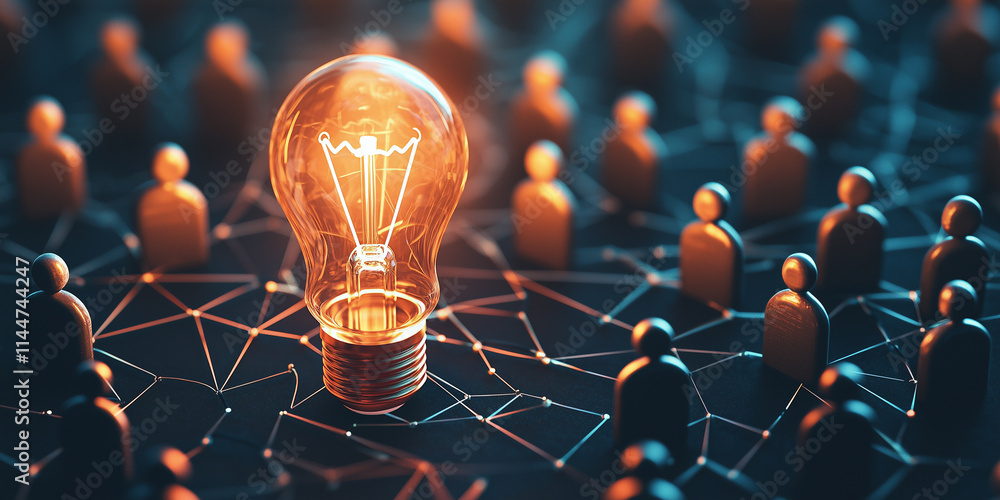 Poster a glowing lightbulb in a network of connected people highlights creativity, innovation, teamwork, an