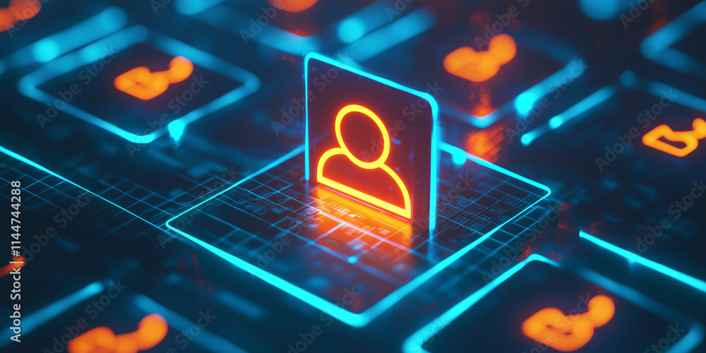 Poster a glowing user icon on a futuristic digital tech interface signifies connection, identity, and innov
