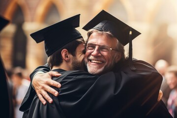Happy father and son hugging during graduation ceremony, celebrating academic achievement and family bond