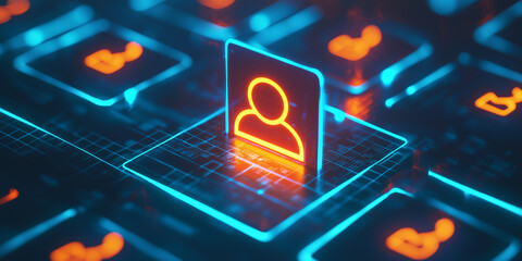 A glowing user icon on a futuristic digital tech interface signifies connection, identity, and innovation within an advanced technological network system.