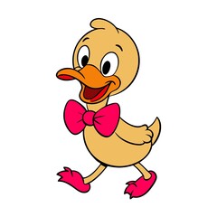 A single line forming a happy duckling waddling with a tiny bowtie.

