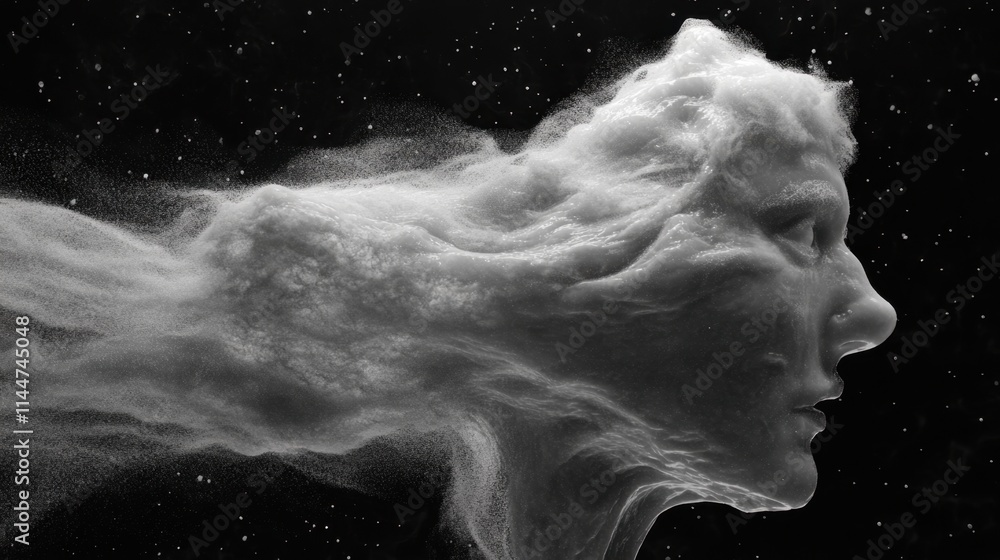 Poster dynamic scene of liquid blowing in powerful streams, droplets scattering into intricate patterns.