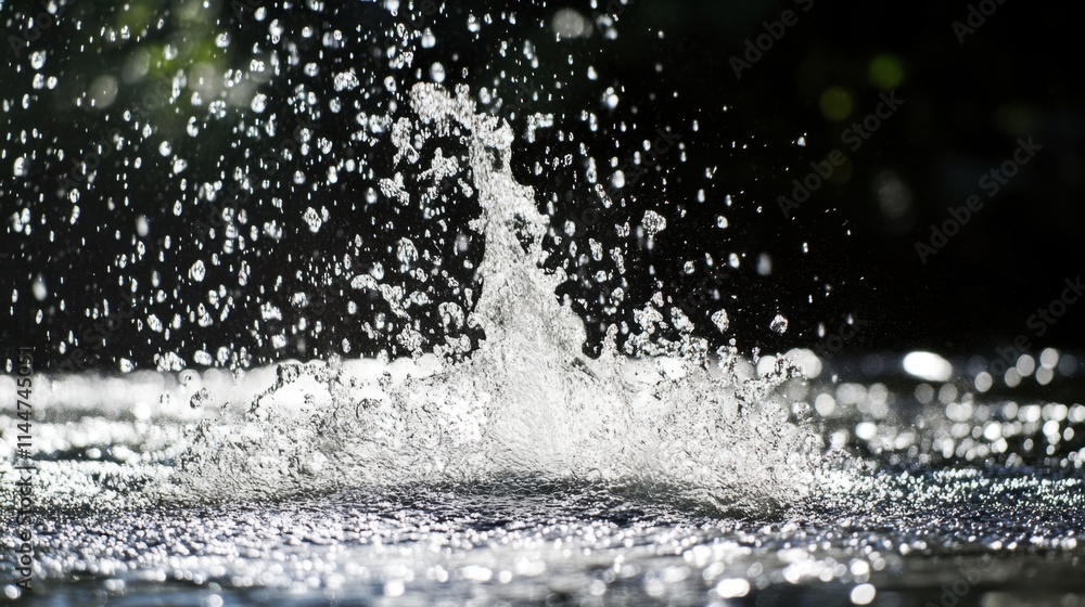 Poster dynamic scene of liquid blowing in powerful streams, droplets scattering into intricate patterns.