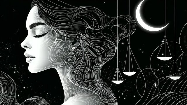 Minimalist Line Drawing of Libra Woman with Celestial Elements
